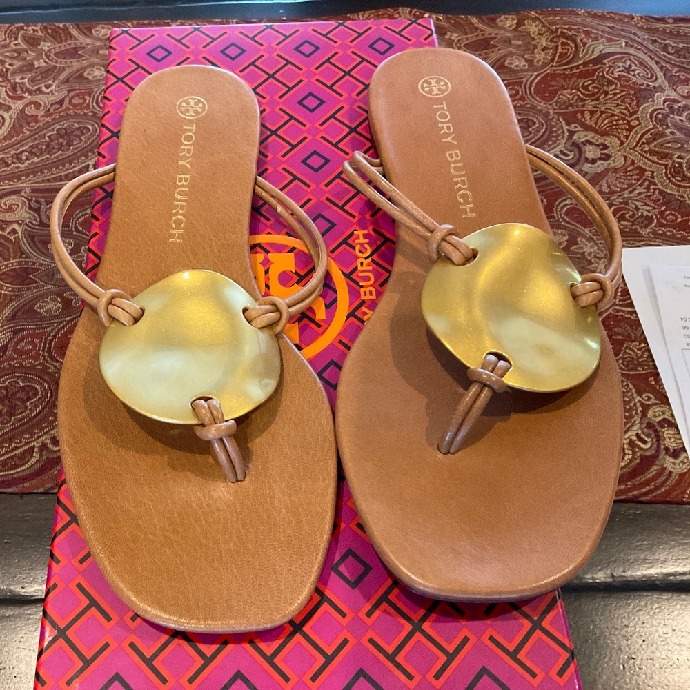 Tory Burch Gold Accent Brown Leather Slide Sandals